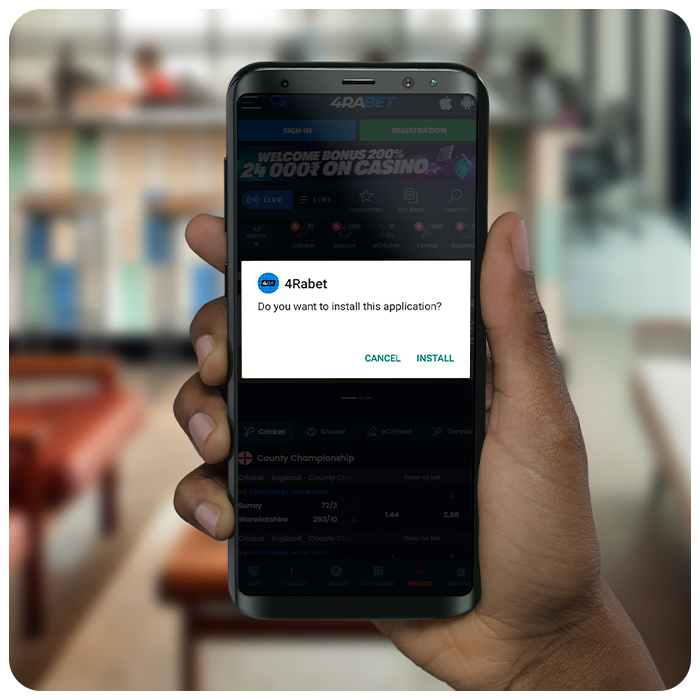 Android phone with a pop-up window installing the 4rabet app