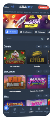 4rabet app interface screenshot of casino section