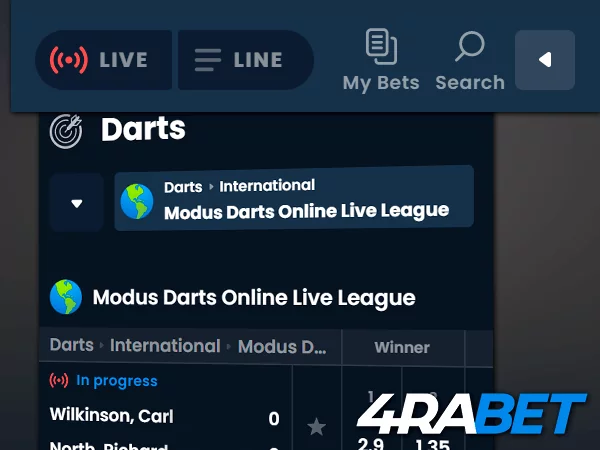 4rabet in-play betting on Darts