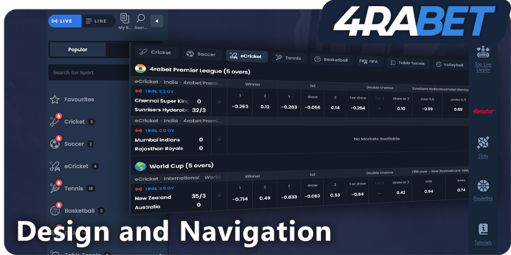 Design and Navigation at 4rabet Bd: type of live games, side menu