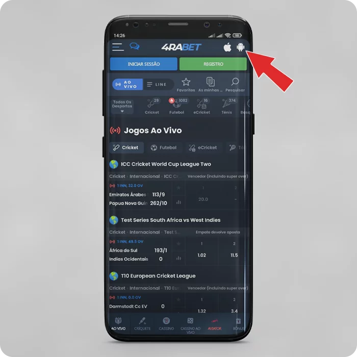 Designação do botão de download do androide app 4rabet via celular
