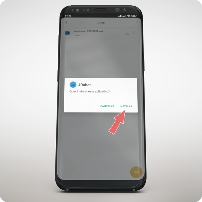 Telefone Android com uma janela pop-up instalando o aplicativo 4rabet