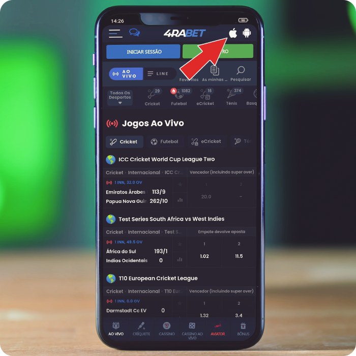 Instruções para o botão de download do aplicativo de apostas 4rabet no iPhone