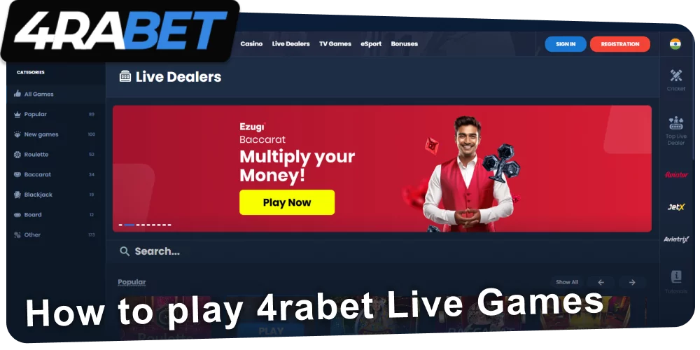 Instructions for playing live games on 4rabet