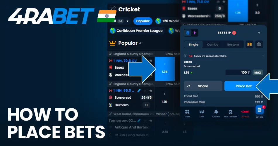 Instruction on how to place a bet at 4rabet sportsbook app