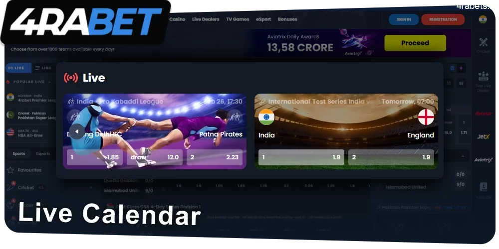 Live sport events calendar on 4rabet